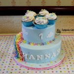 Bespoke Designer Celebration Cakes Two tier birthday cake with ruffle rainbow and flowers