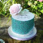 Bespoke Designer Celebration Cakes 45th birthday cake with printed icing sheet, ruffles and sugar rose