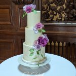 Luxury Wedding Cakes Eva Cockrell Cake Design Purple sugar flowers on stencilled wedding cake by Eva Cockrell Cake Design