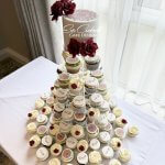 Cupcake Tower in white and burgundy with sugar flowers